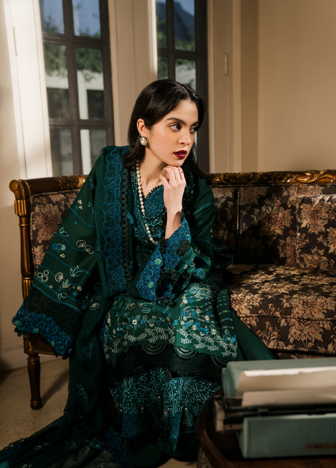 Camelia by Sundas Ahad Unstitched Embroidered Luxury Lawn 3 Piece Suit SNA26UC EL-07 Bottle Green - Festive Collection