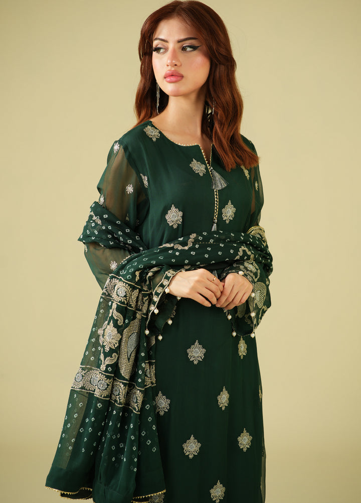 Satrang by Zouj Unstitched Chunri Chiffon Embroidered Suits 3 Piece ZJ25SC ZJCH-0030 Dark Green - Festive Collection