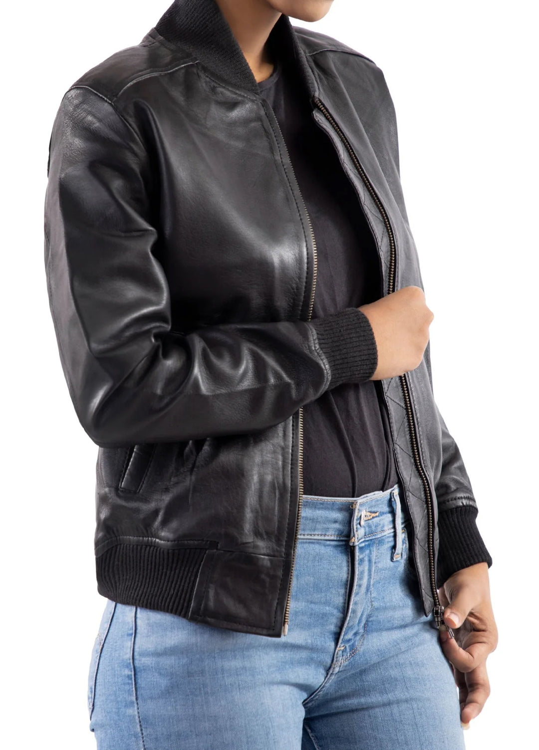 Jild Bomber Jacket Solids Womens Bomber Leather Jacket Black - Winter Collection
