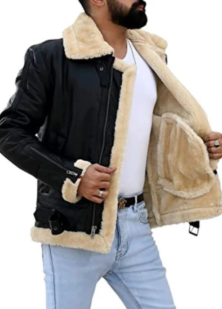 Jild Bomber Jacket Solids Mens Premium Shearling Fur Leather Jacket Black - Winter Collection