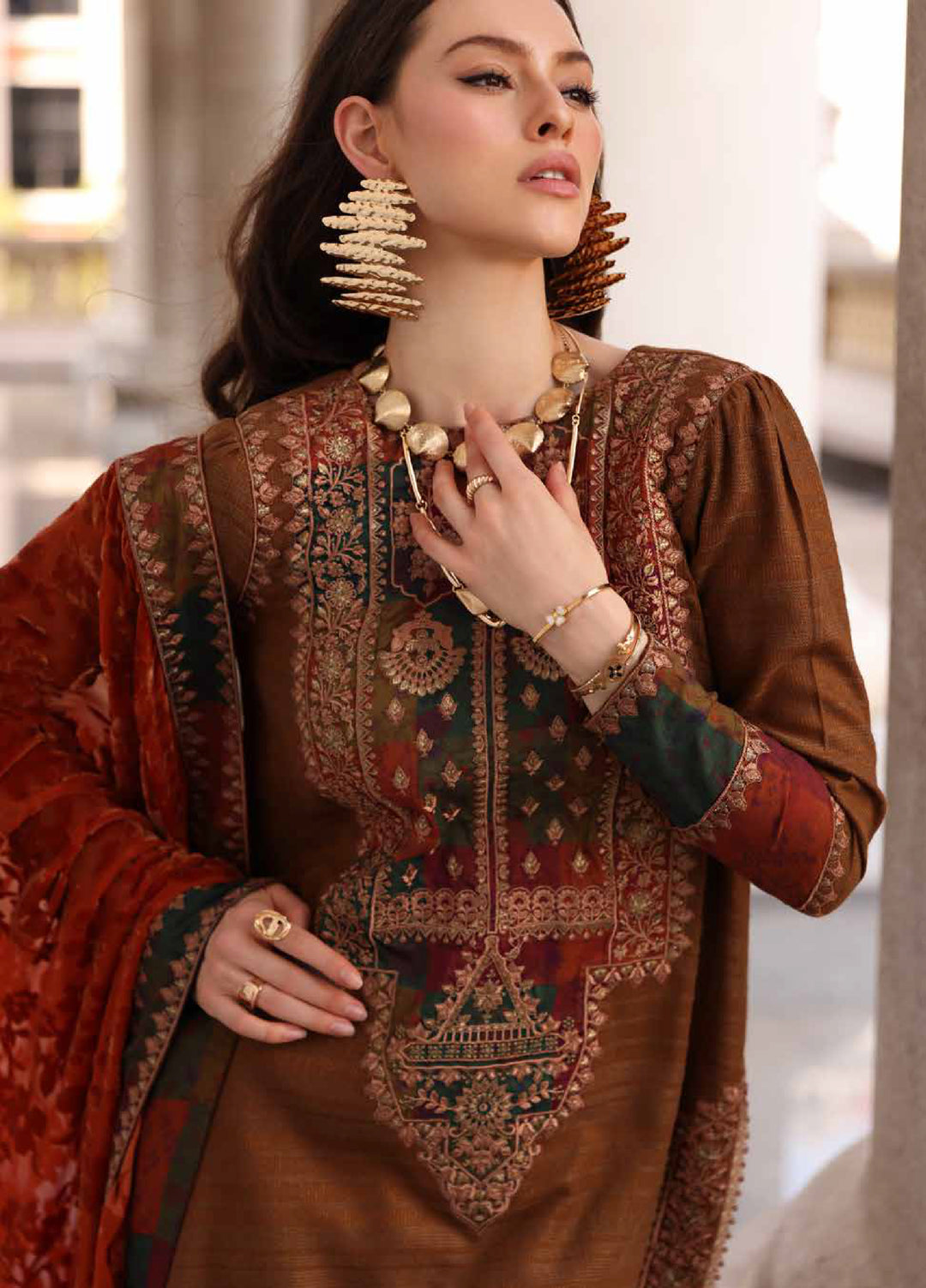 Poshima by Charizma Unstitched Peach Leather Embroidered Suit with Velvet Shawl 3 Piece CRZ25LW PSW5-18 - Winter Collection