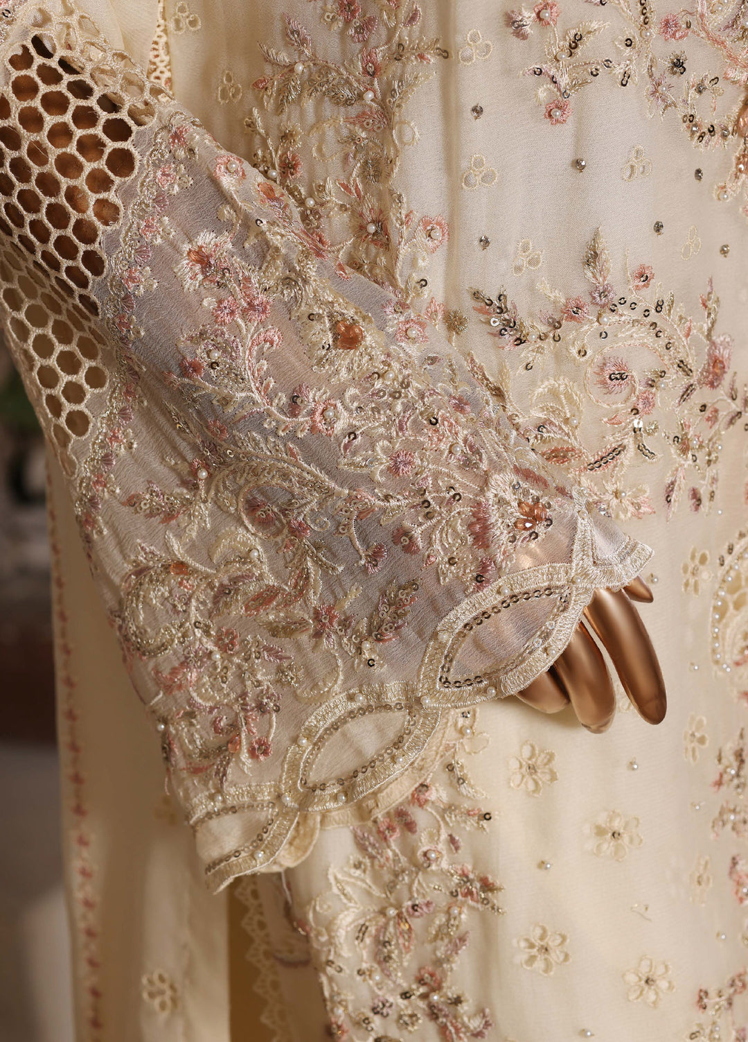 Fasane by HZ Textiles RTW Embroidered Chiffon 3 Piece Suit HZ26UCF HZK-236 Cream - Festive Collection