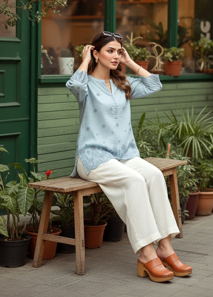 Lakhany Women Pret Embroidered Cambric Shirt Sky blue - Winter Collection
