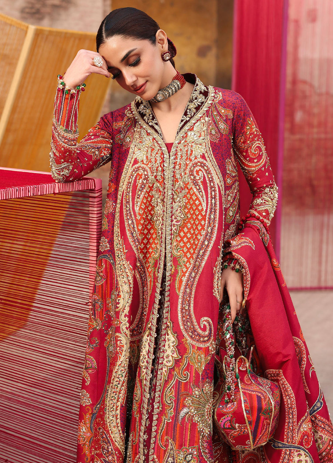 Crimson Unstitched Embroidered Silk 3 Piece Suit CR26UW D-1 Damini Scarlet - Festive Collection
