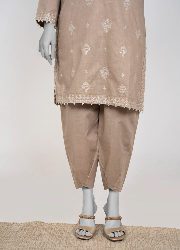 Ayla Studio Women Pret Chambray Solid Embroidered 2-Piece RTW Mushroom Beige - Winter Collection