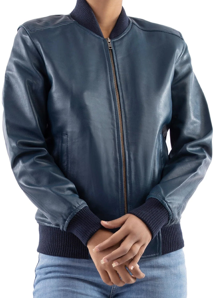 Jild Bomber Jacket Solids Womens Bomber Leather Jacket Blue - Winter Collection