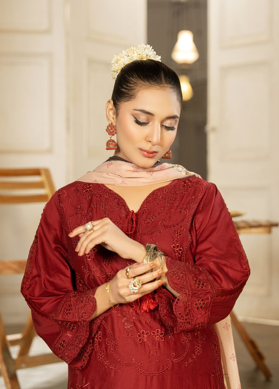 Dhaga Women RTW Embroidered Cotton 3 Piece DHG26PCN Ruby dusk - Eid Collection