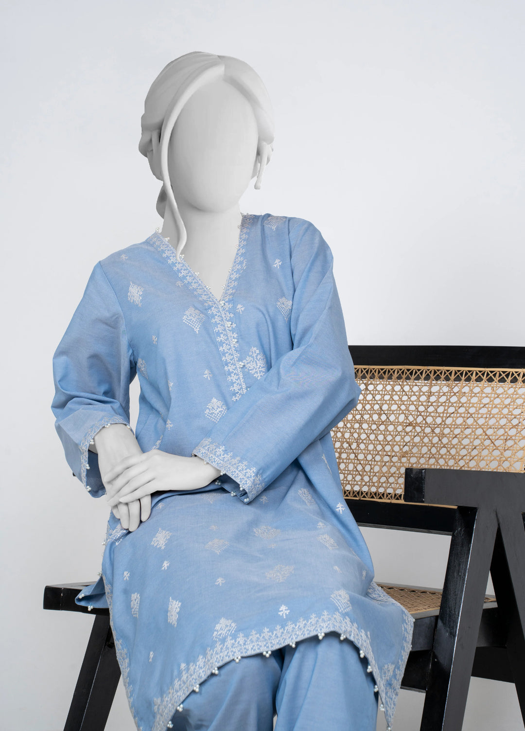 Ayla Studio Women Pret Chambray Solid Embroidered 2-Piece RTW Sky Blue - Winter Collection