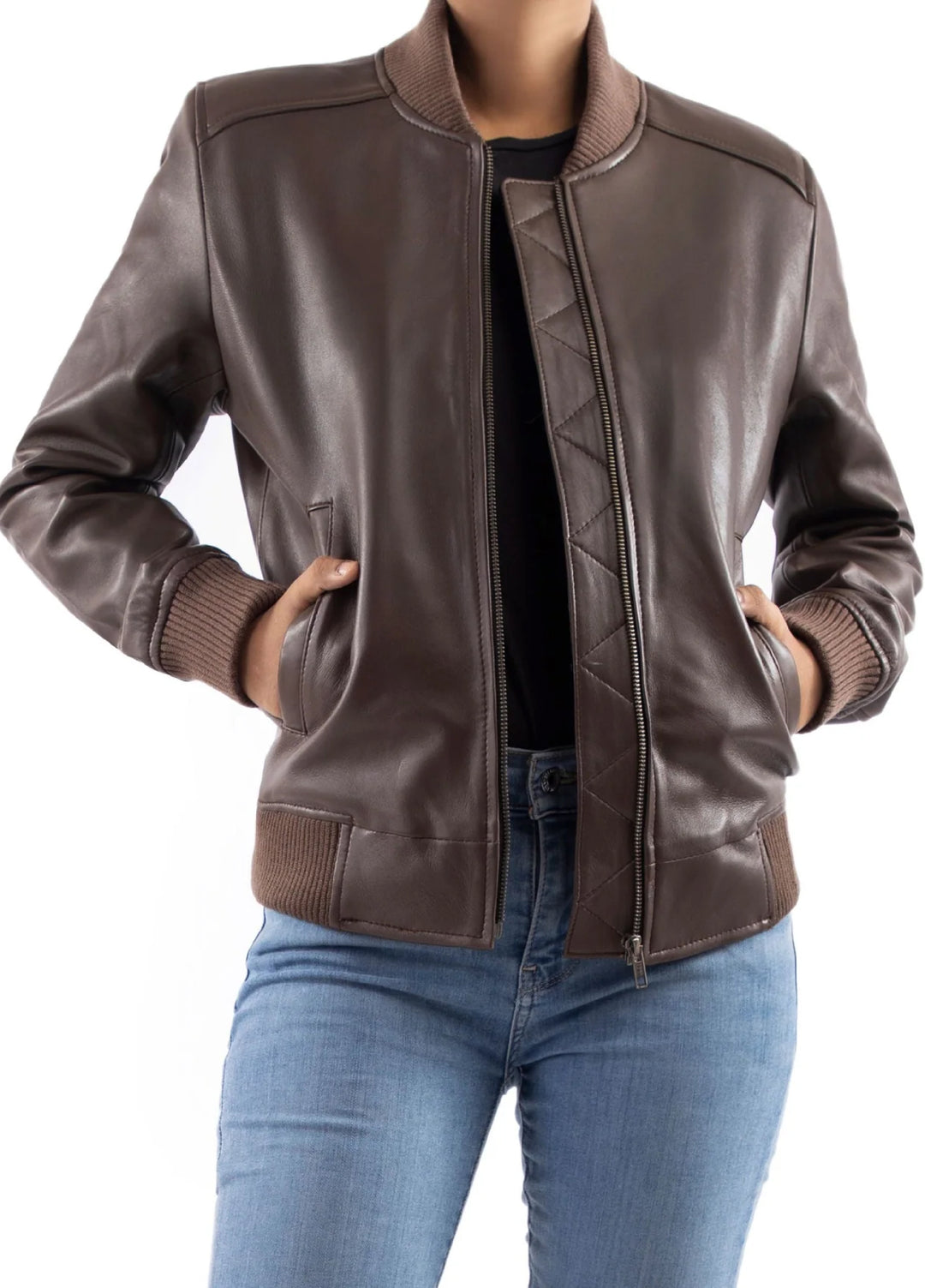 Jild Bomber Jacket Solids Womens Bomber Leather Jacket Brown - Winter Collection