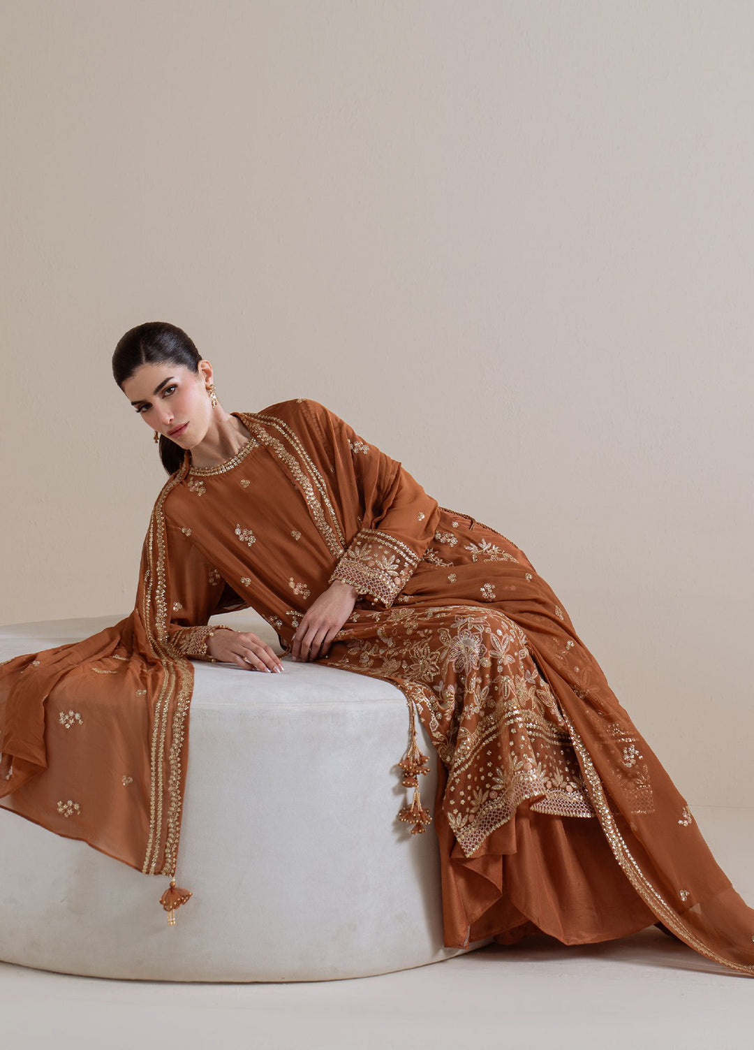 Luxe Atelier by Cross Stitch Unstitched Embroidered Chiffon 3 Piece Suit CS26ULA D-7 Rust Ember - Festive Collection