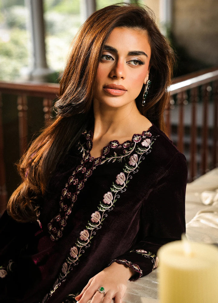Elayra by Sahar Pret Velvet 3 Piece Embroidered Aubergine Noir - Festive Collection