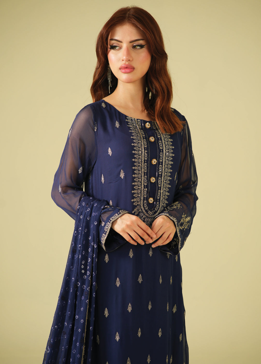 Satrang by Zouj Unstitched Chunri Chiffon Embroidered Suits 3 Piece ZJ25SC ZJCH-0032 Navy Blue - Festive Collection