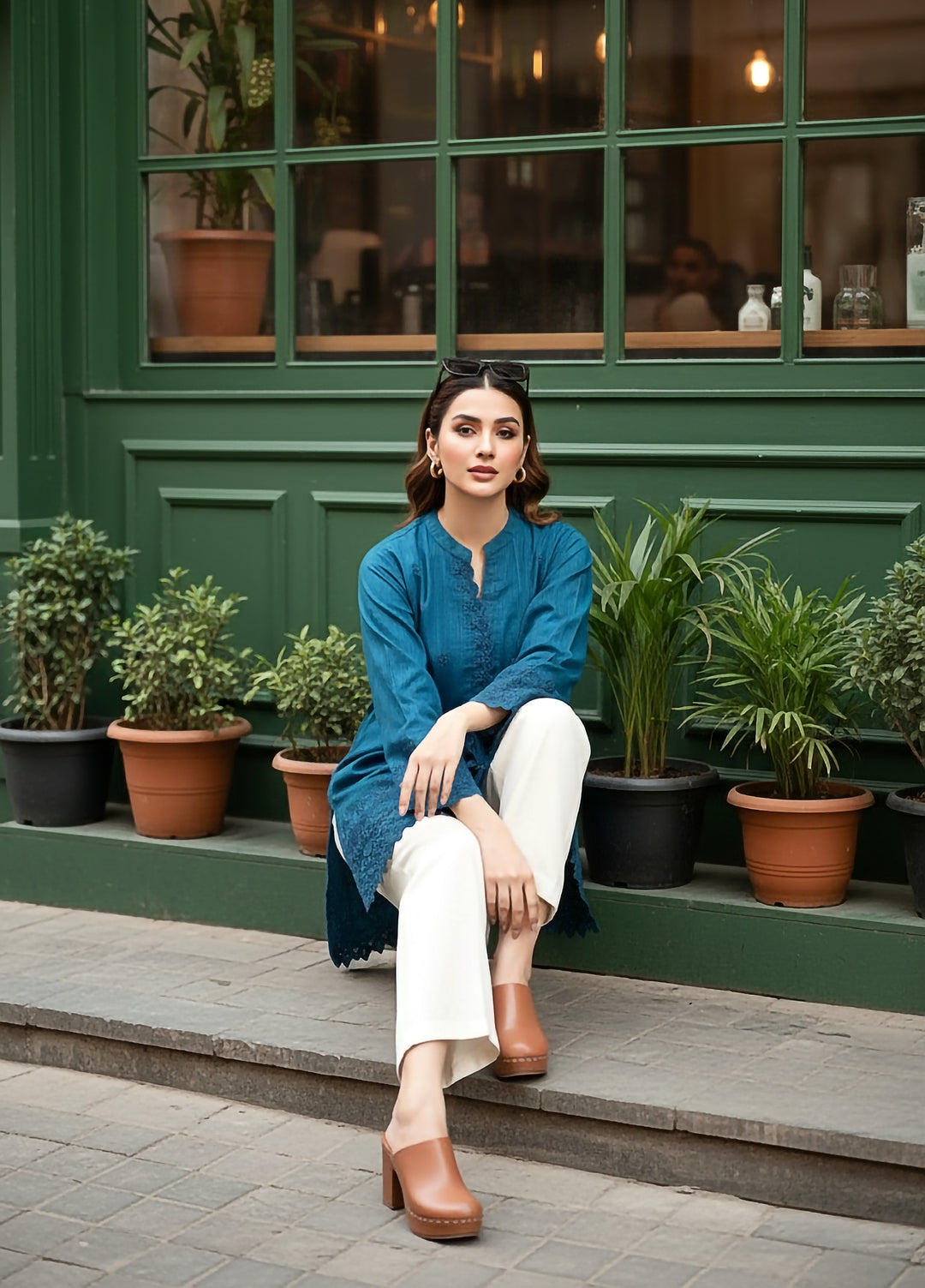 Lakhany Women Pret Embroidered Cambric Shirt  Teal - Winter Collection