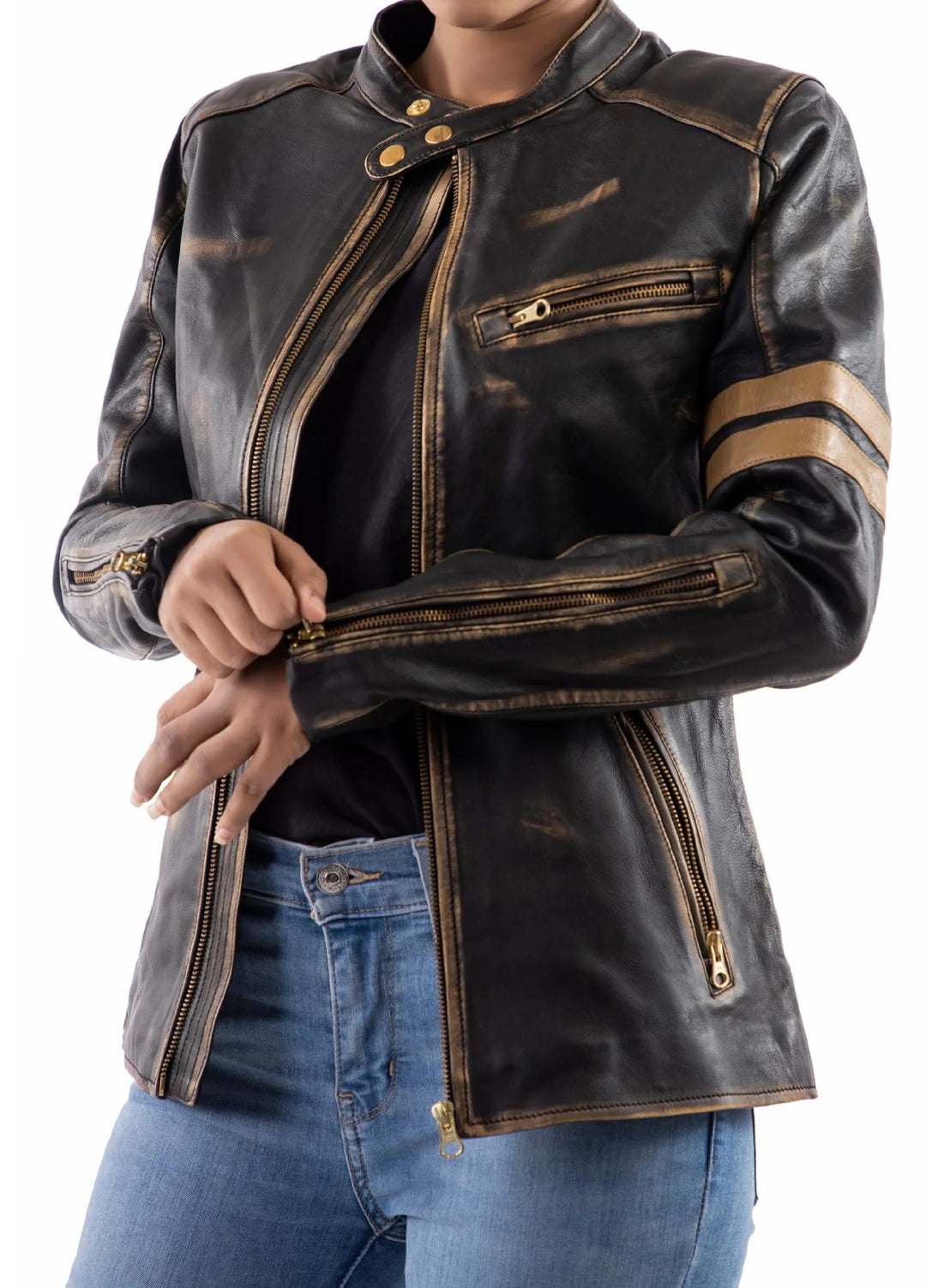 Jild Bomber Jacket Solids Distressed Racer Vintage Leather Jacket Women Black - Winter Collection