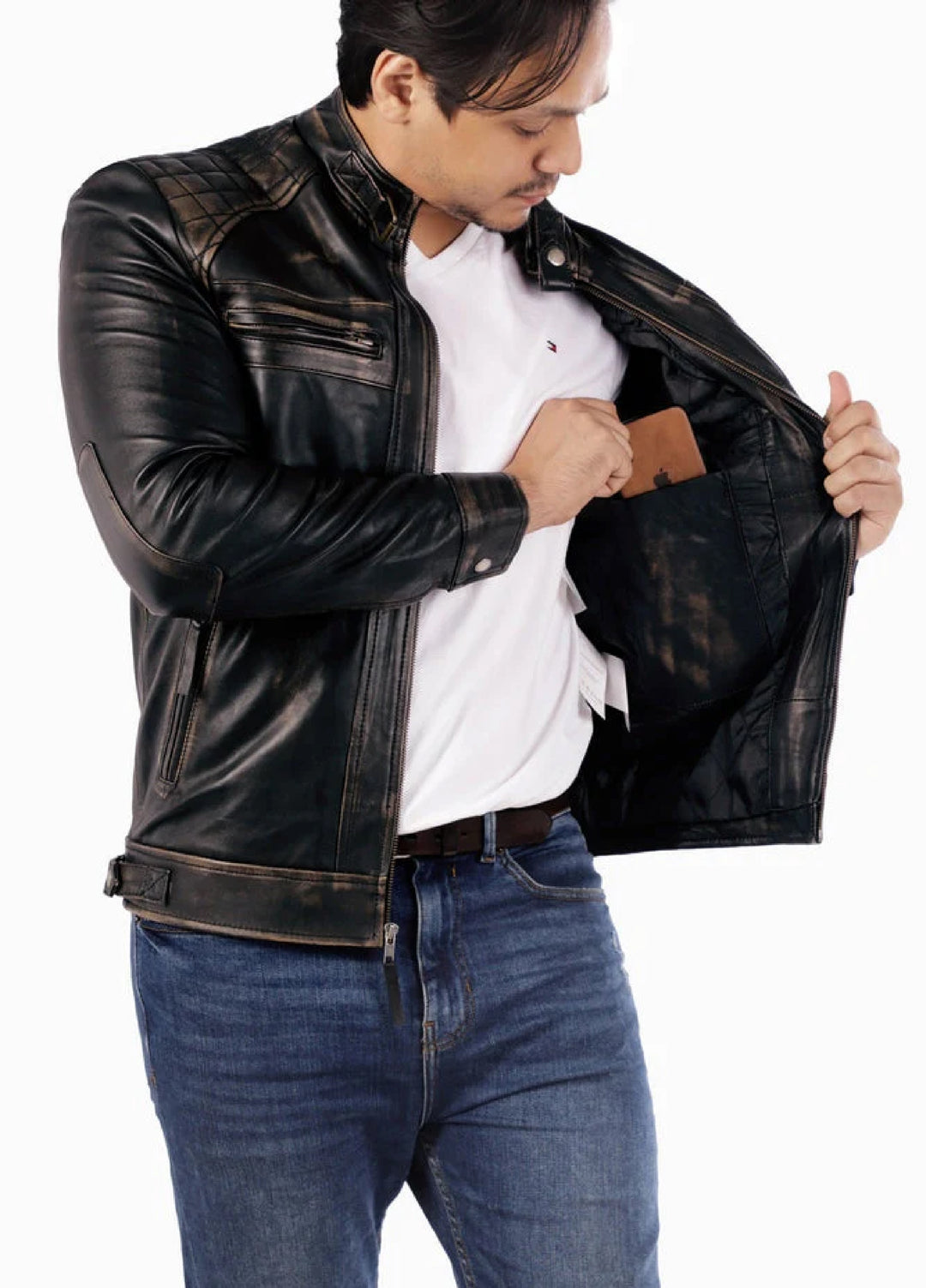 Men's Casual Signature Diamond Lambskin Leather Jacket-Vintage Black