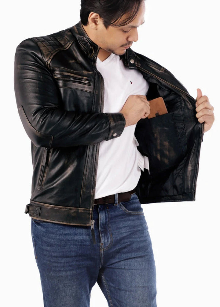 Men's Casual Signature Diamond Lambskin Leather Jacket-Vintage Black