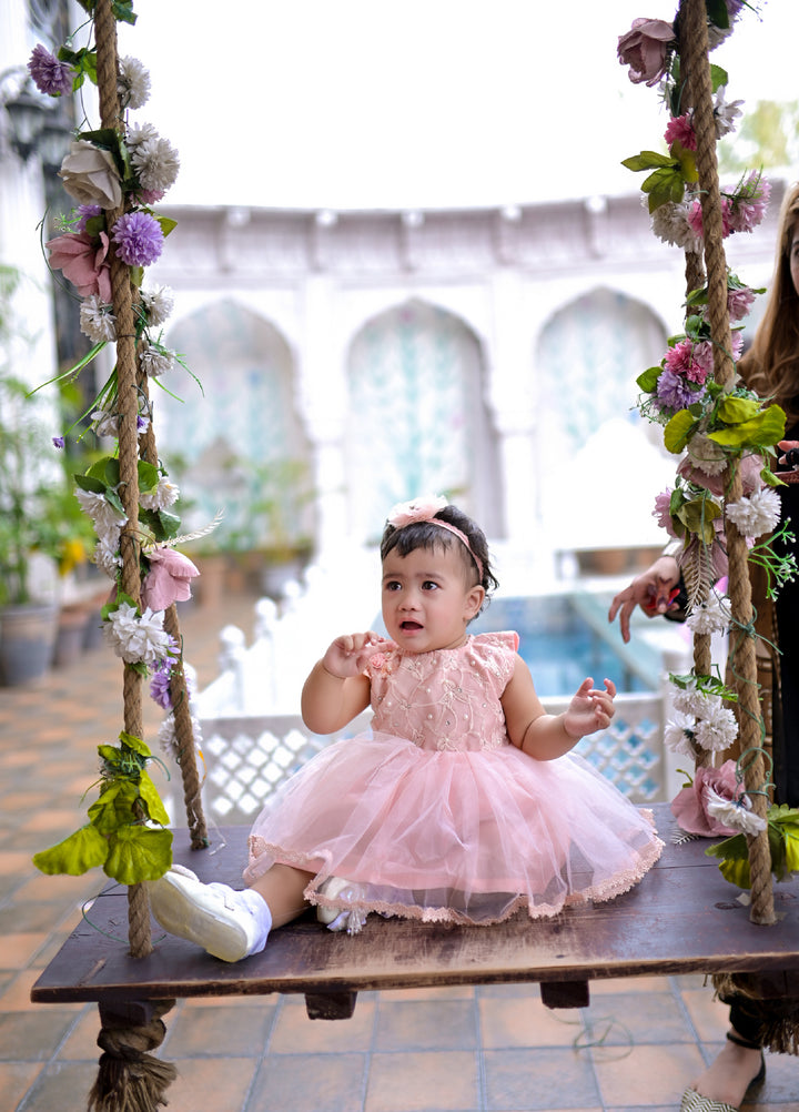 Andaz e Jahan by Qurratulain Saqib Pret kids Bareeze Net 1 Piece Embroidered Baby Frock - Wedding Collection