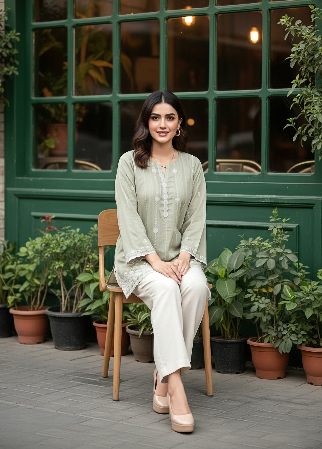 Lakhany Women Pret Embroidered Cambric Shirt Sage - Winter Collection