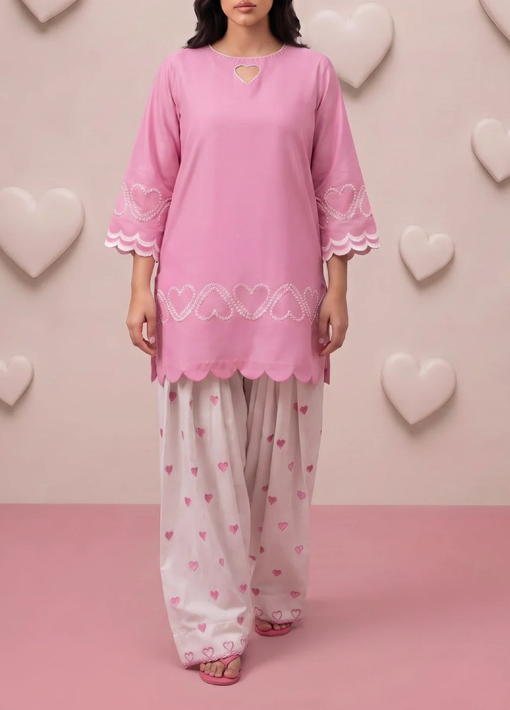Scherezade Women RTW Embroidered Lawn Cotton 3 Piece Suit PINK HEARTS - Casual Collection