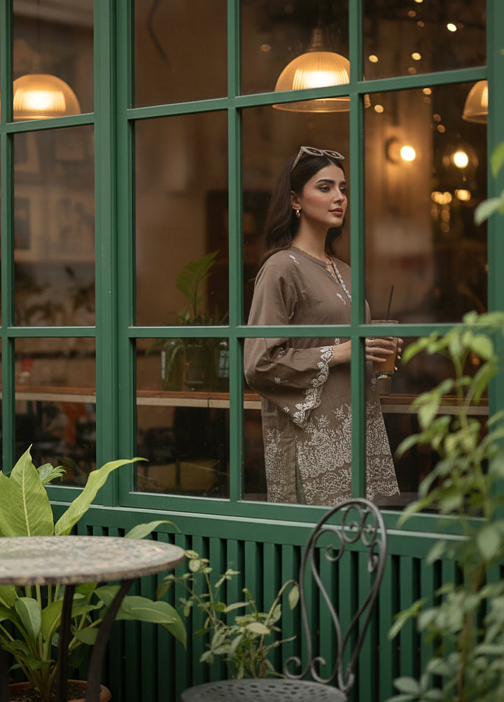 Lakhany Women Pret Embroidered Cambric Shirt Brown - Winter Collection