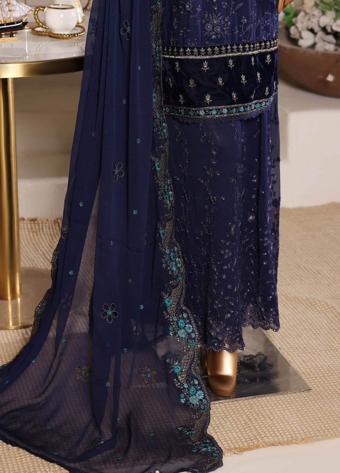 Fasane by HZ Textiles RTW Embroidered Chiffon 3 Piece Suit HZ26UCF HZK-239 Navy - Festive Collection