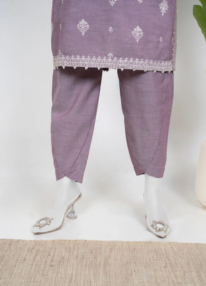 Ayla Studio Women Pret Chambray Solid Embroidered 2-Piece RTW Lilac - Winter Collection