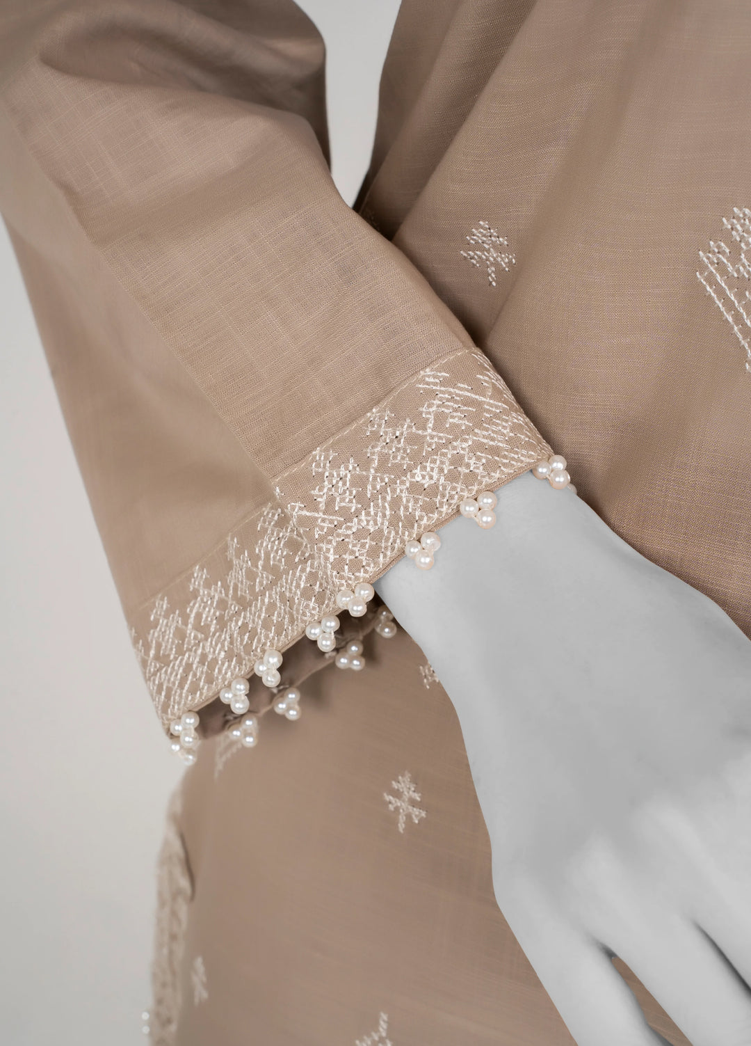 Ayla Studio Women Pret Chambray Solid Embroidered 2-Piece RTW Mushroom Beige - Winter Collection