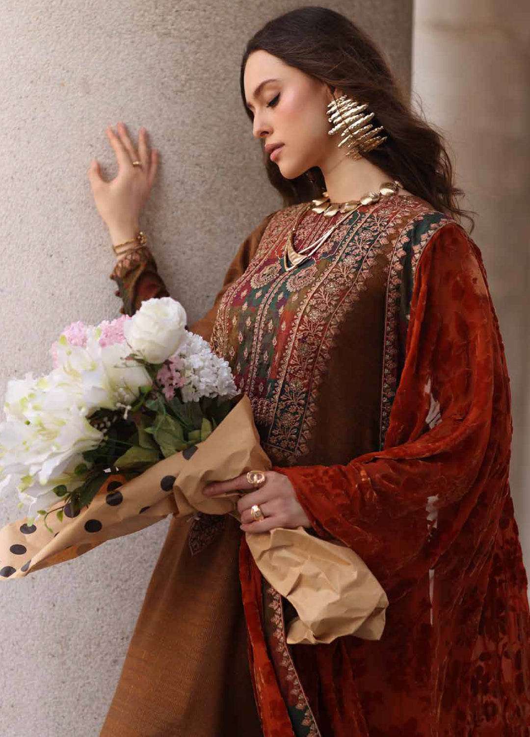 Poshima by Charizma Unstitched Peach Leather Embroidered Suit with Velvet Shawl 3 Piece CRZ25LW PSW5-18 - Winter Collection