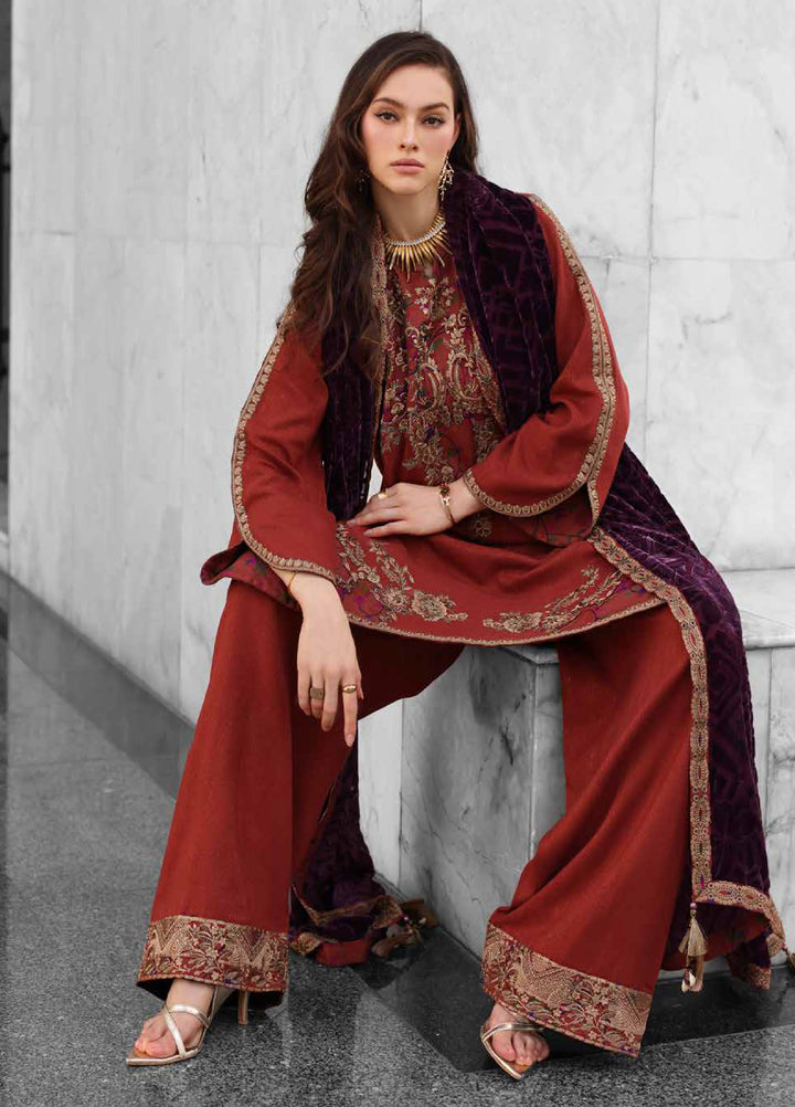 Poshima by Charizma Unstitched Peach Leather Embroidered Suit with Velvet Shawl 3 Piece CRZ25LW PSW5-22 - Winter Collection
