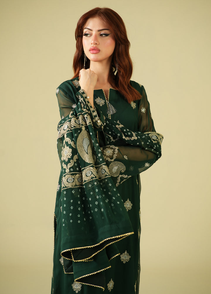 Satrang by Zouj Unstitched Chunri Chiffon Embroidered Suits 3 Piece ZJ25SC ZJCH-0030 Dark Green - Festive Collection