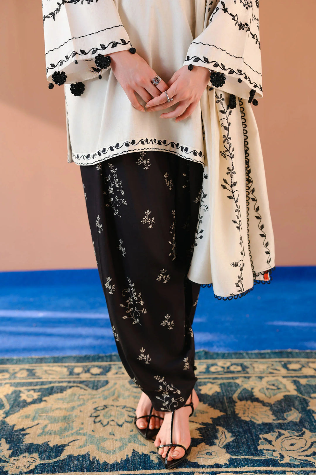Cross Stitch Unstitched Embroidered Cotton Satin 3 Piece Suit CS26UCS Ivory Noir - Casual Collection