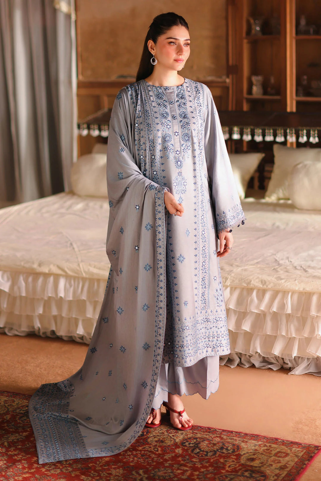 Cross Stitch Unstitched Embroidered Cotton Satin 3 Piece Suit CS26UCS Charcoal Ash - Casual Collection