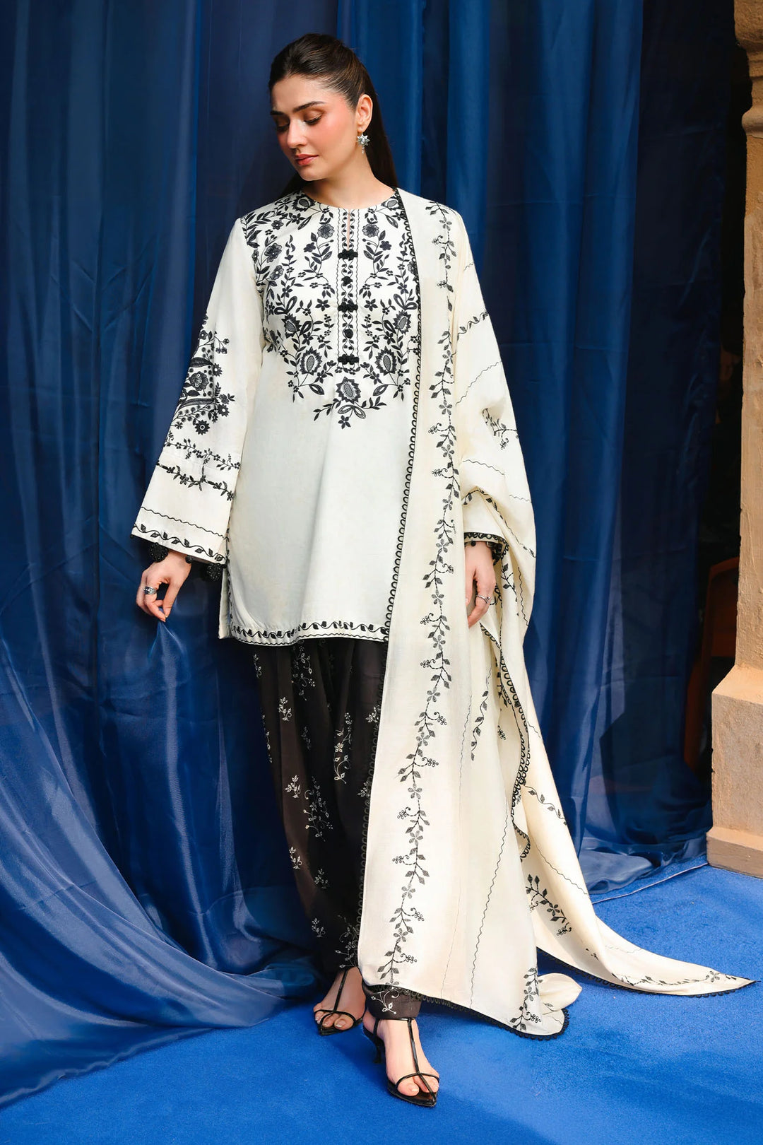 Cross Stitch Unstitched Embroidered Cotton Satin 3 Piece Suit CS26UCS Ivory Noir - Casual Collection