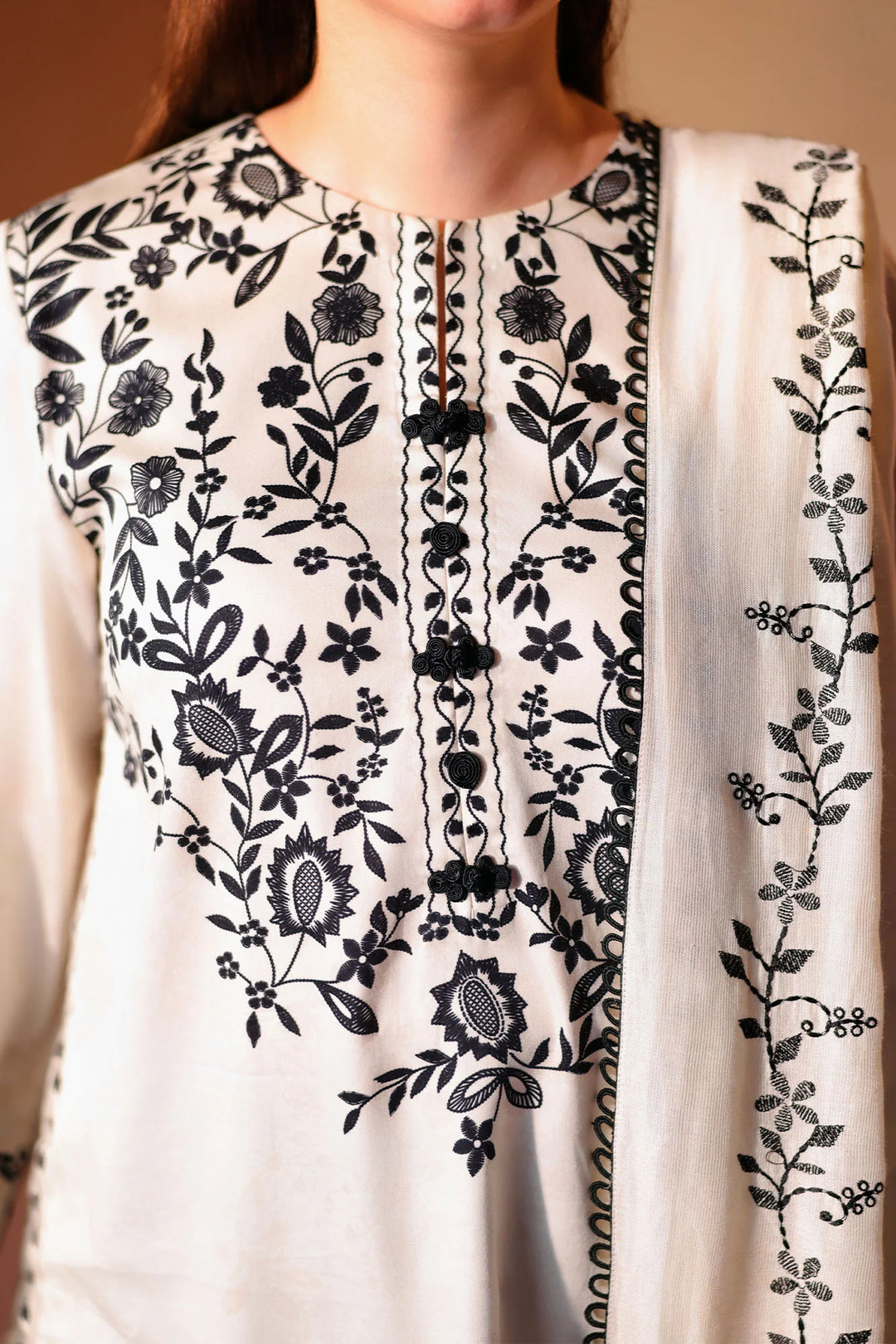 Cross Stitch Unstitched Embroidered Cotton Satin 3 Piece Suit CS26UCS Ivory Noir - Casual Collection