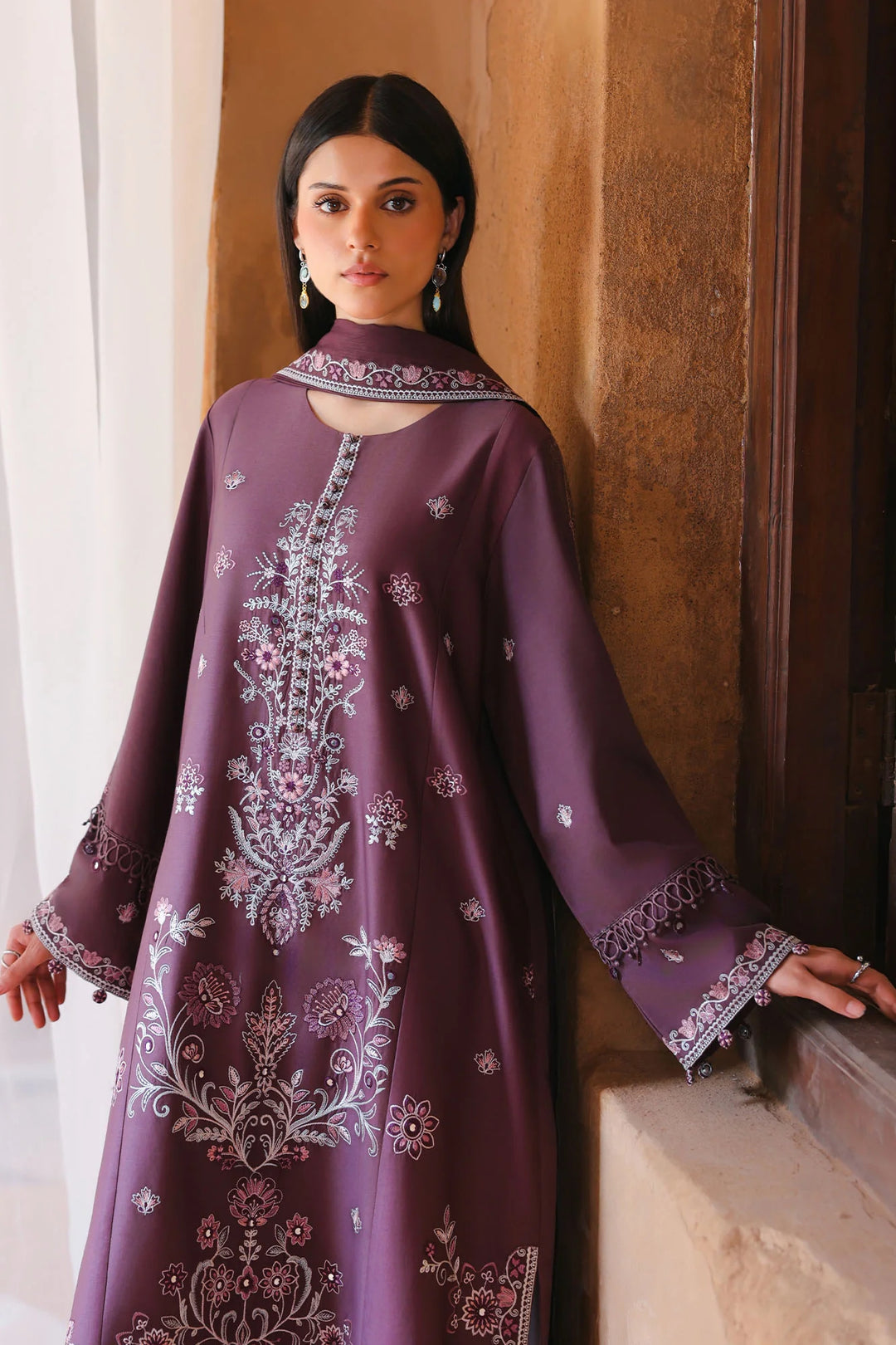 Cross Stitch Unstitched Embroidered Cotton Satin 3 Piece Suit CS26UCS Mulberry Brown - Casual Collection