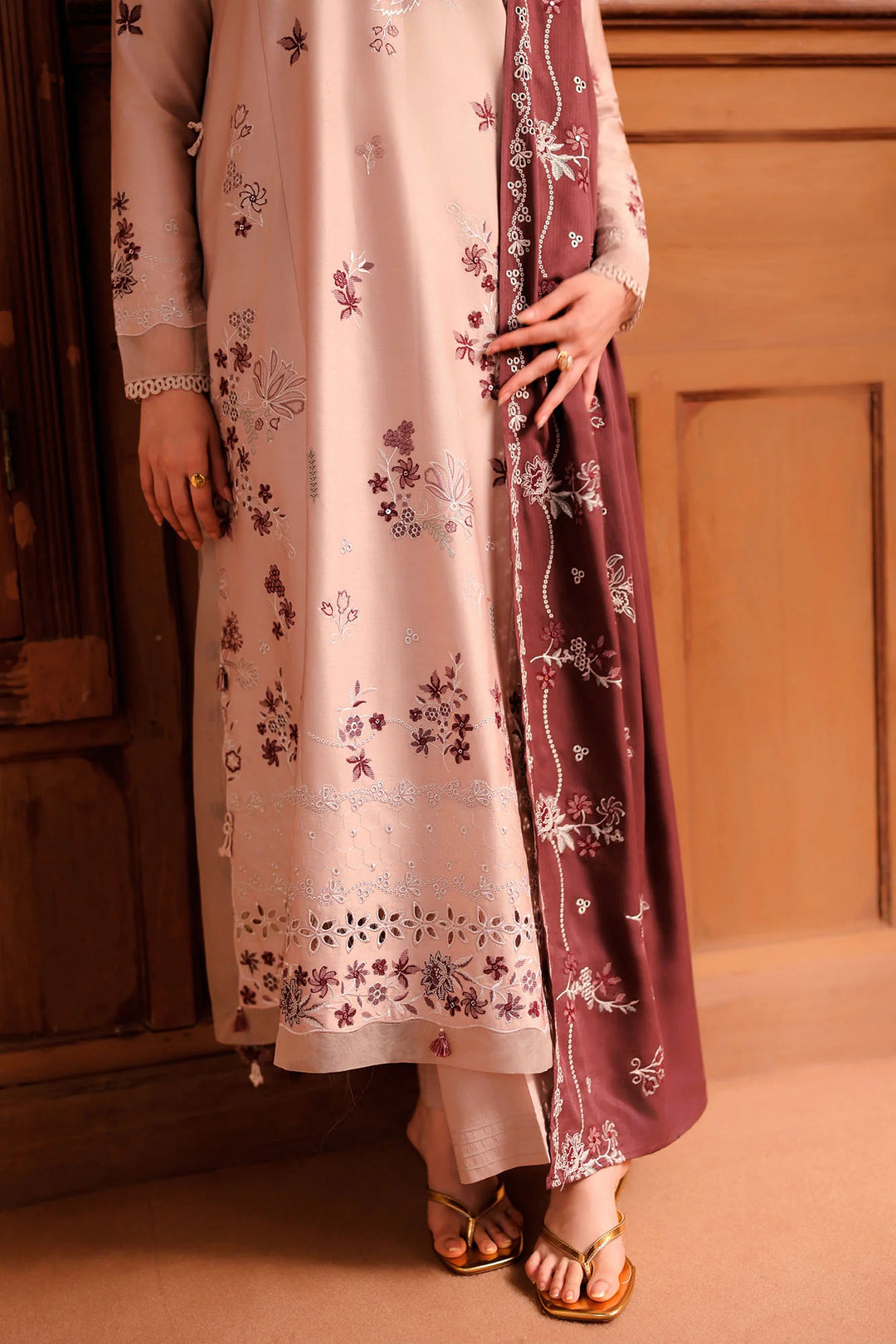 Cross Stitch Unstitched Embroidered Cotton Satin 3 Piece Suit CS26UCS Sand Whisper - Casual Collection