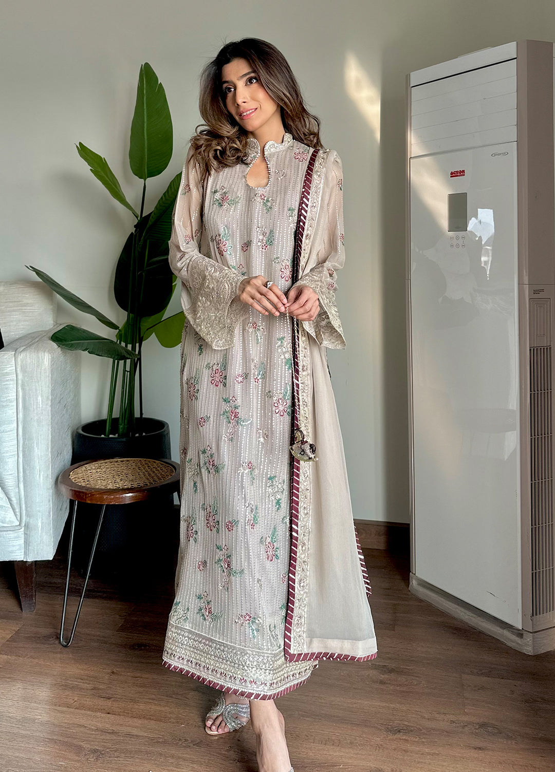 Maison d'or by Sahane Unstitched Embroidered Chiffon 3 Piece Suit CT-27005 CHAMPAGNE - Festive Collection