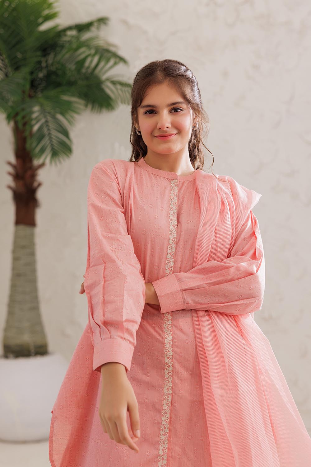 Senorita Girls Ready to Wear Girls Peach and White Casual 3 Piece Suit Cotton Self Jacquard Solids GAD-03029 - Summer Collection