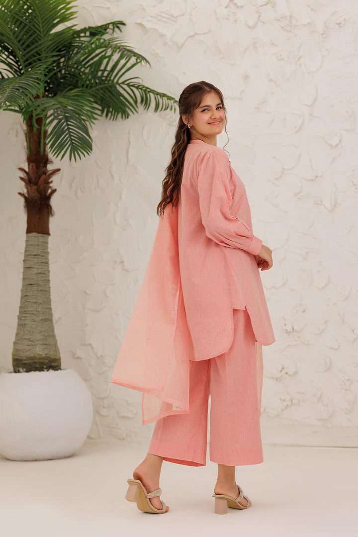 Senorita Girls Ready to Wear Girls Peach and White Casual 3 Piece Suit Cotton Self Jacquard Solids GAD-03029 - Summer Collection