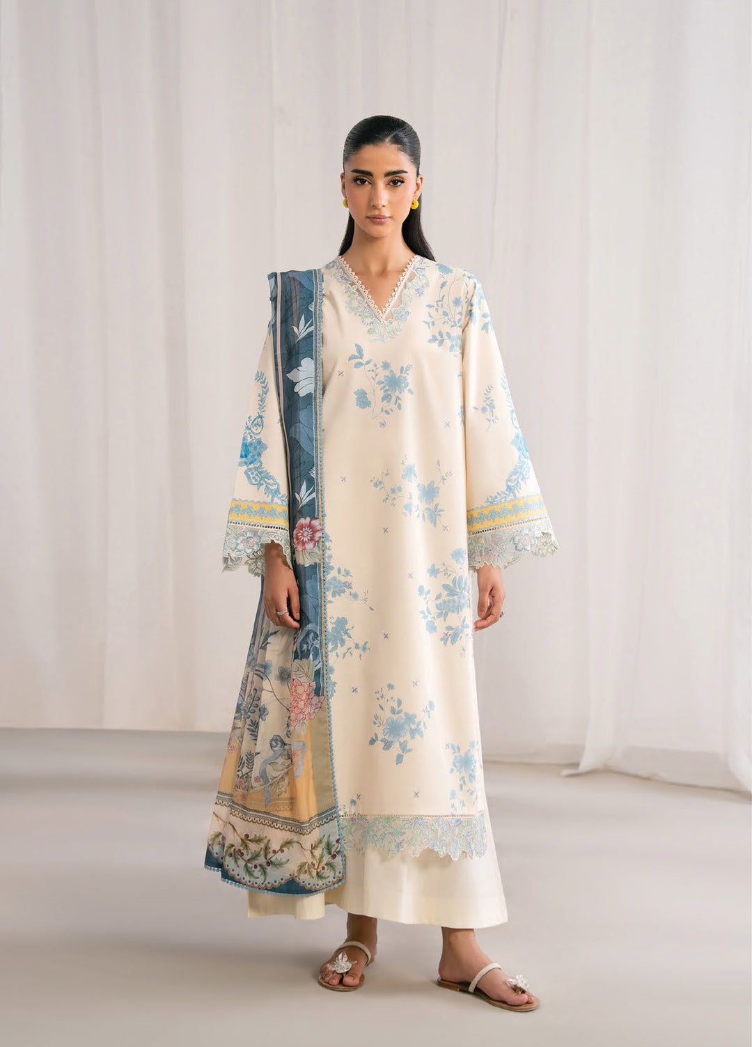 Nysa by Seran Unstitched Embroidered Cambric 3 Piece Suit SN26UNC IVOIRE D-02 - Casual Collection