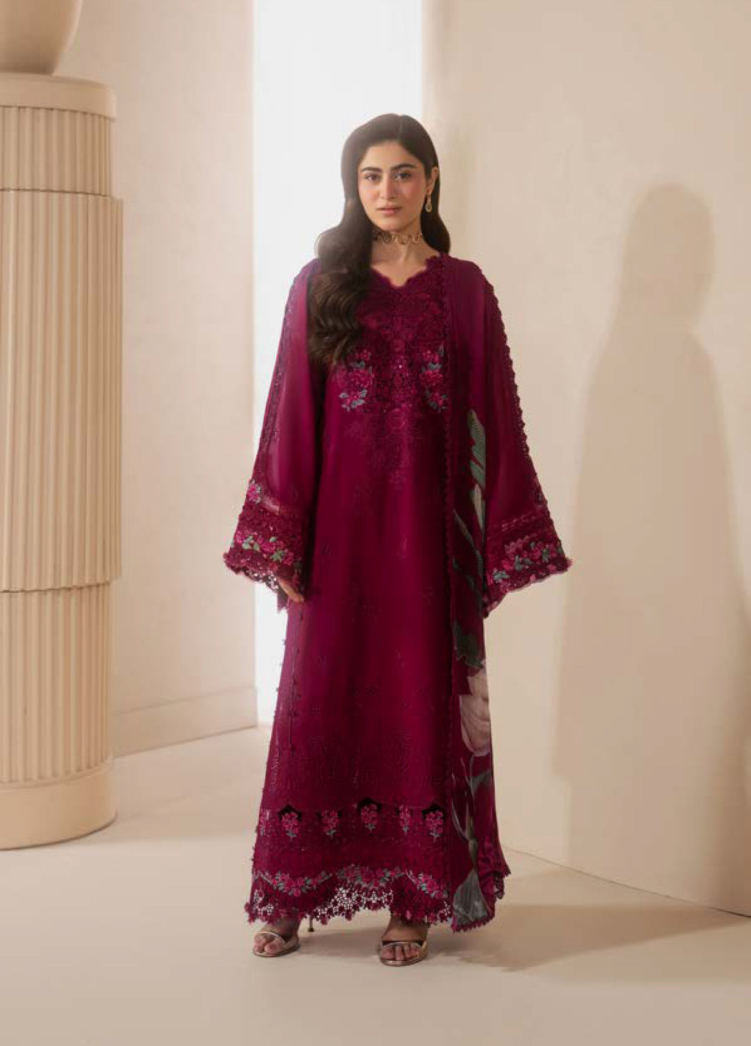 E-Craft by Elaf Unstitched Printed Lawn 3 Piece Suit EHC-4A Garnet - Casual Collection