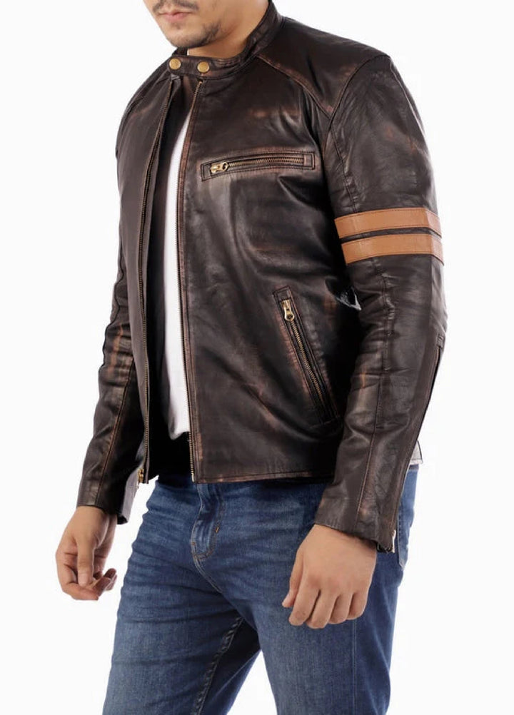 Cafe Racer Genuine Lambskin Leather Jacket-Brown
