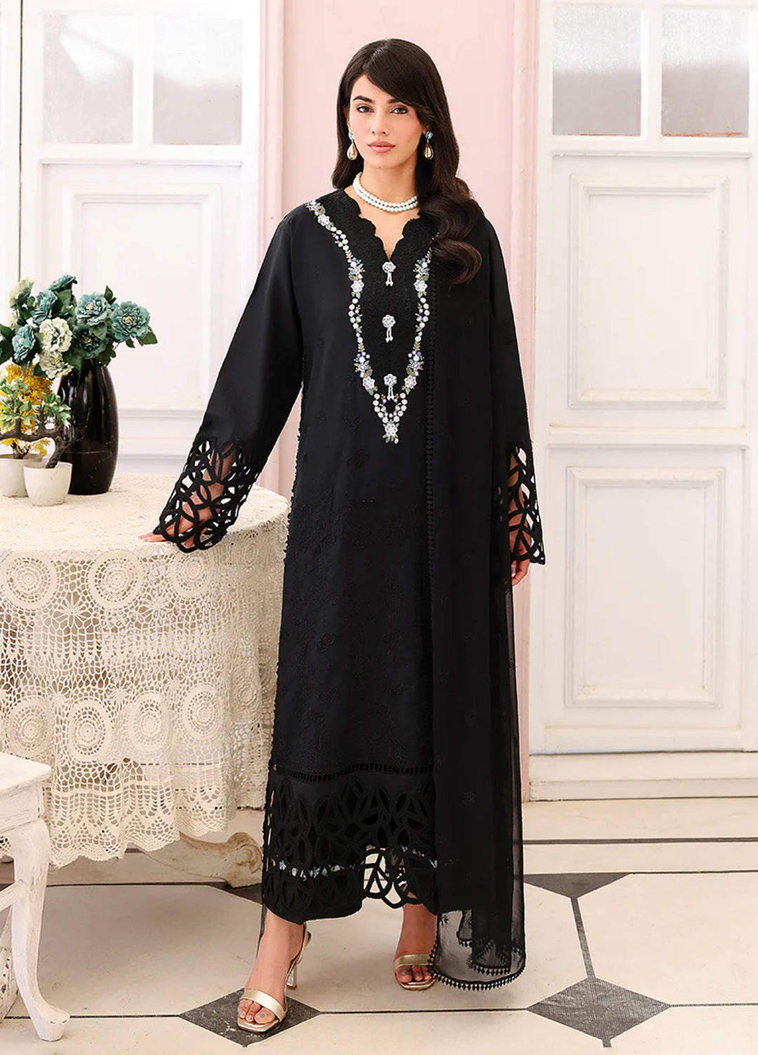 Veil of Summer by Roheenaz Unstitched Embroidered Luxury Lawn 3 Piece Suit RN26UVS 404 BLACK LACE - Eid Collection