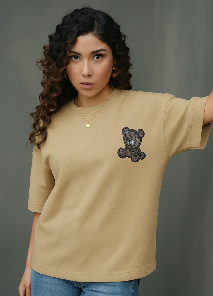 Movement Unisex Western 1 Piece Printed Cotton Tehreek Teddy Tee Beige - Winter Collection