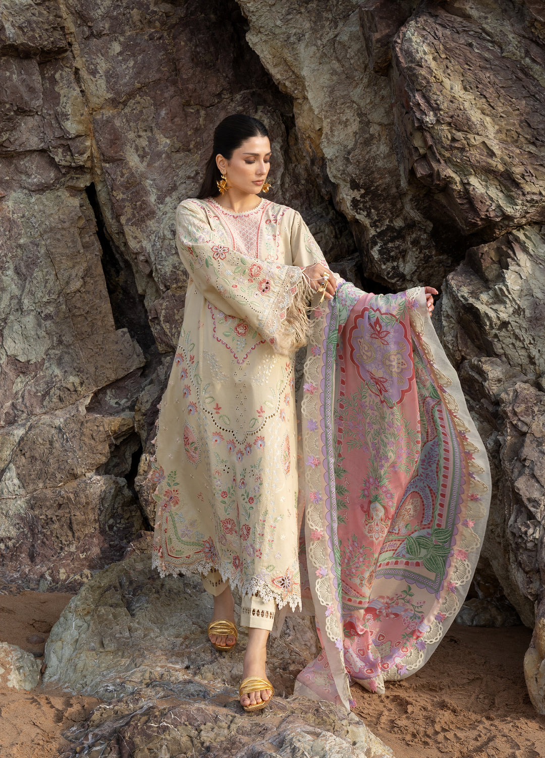 Siraa by Sadaf Fawad Khan Unstitched Embroidered Luxury Lawn 3 Piece Suit SDF26USL Sunehri - Festive Collection
