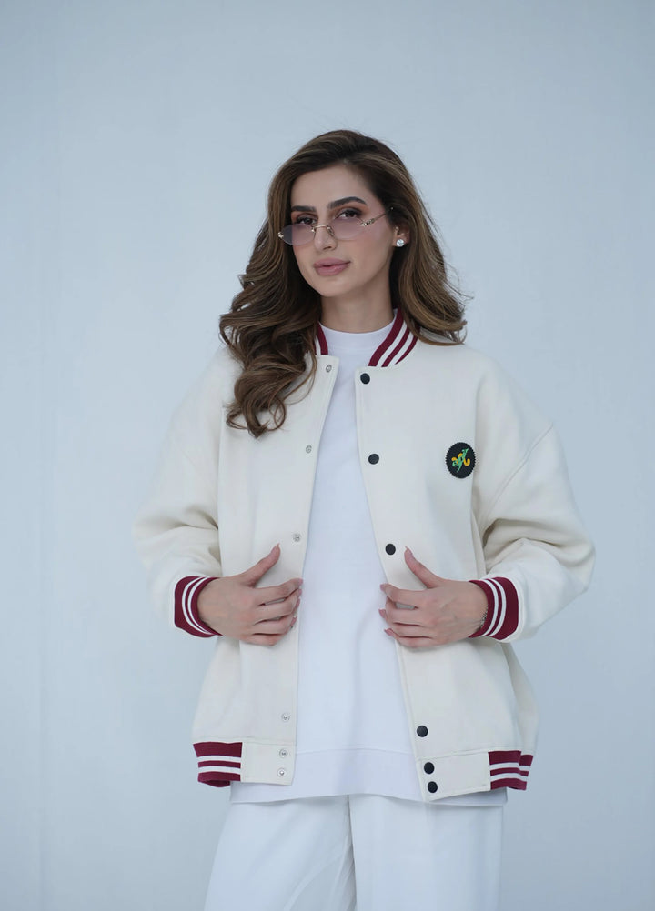 Movement Unisex Western 1 Piece Printed Fleece Tehreek Varsity Jacket Off-White - Winter Collection