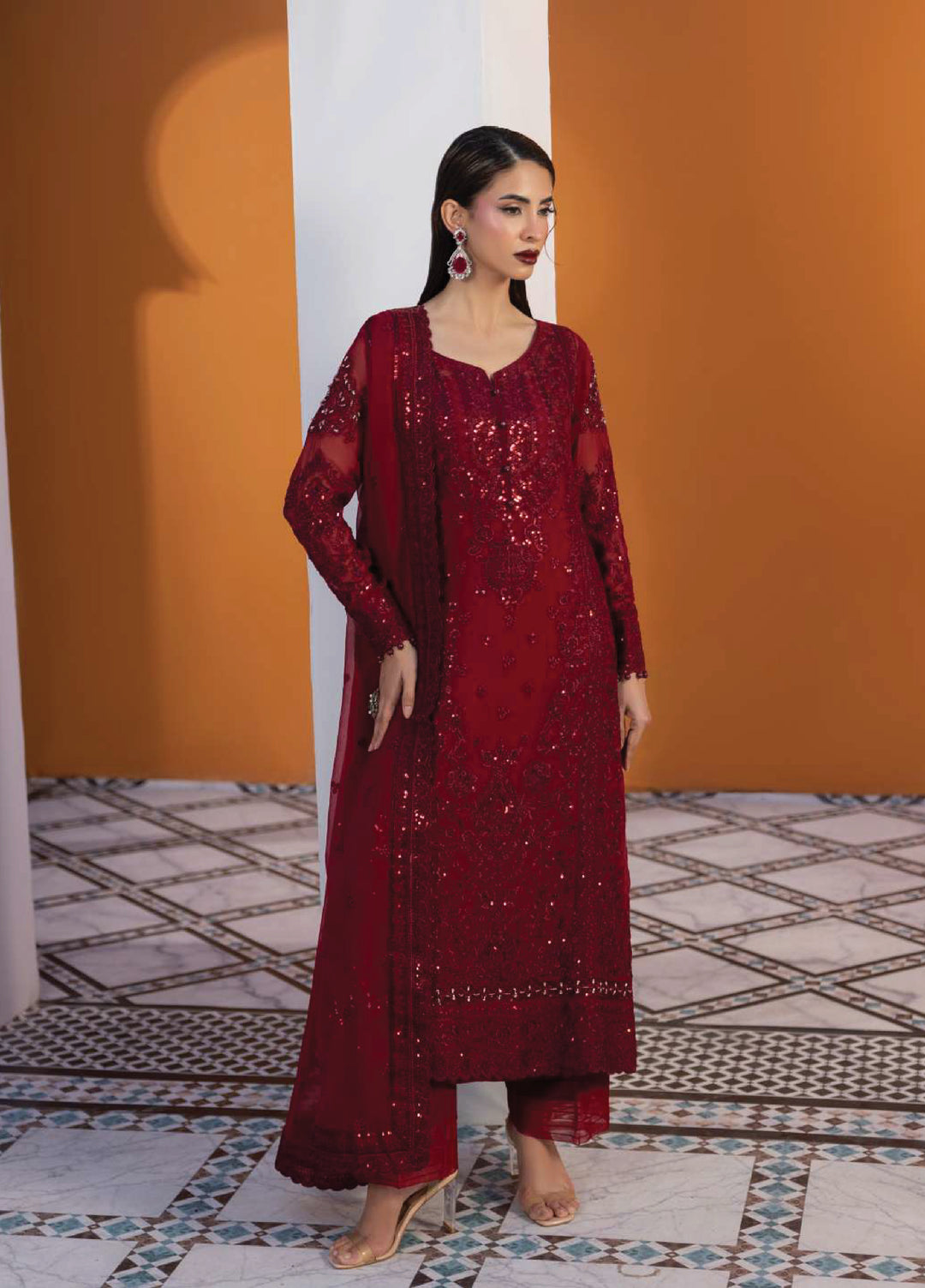 Maeri by Gulaal Unstitched Embroidered Chiffon 4 Piece Suit GL26UMC Crimson D-46 - Festive Collection