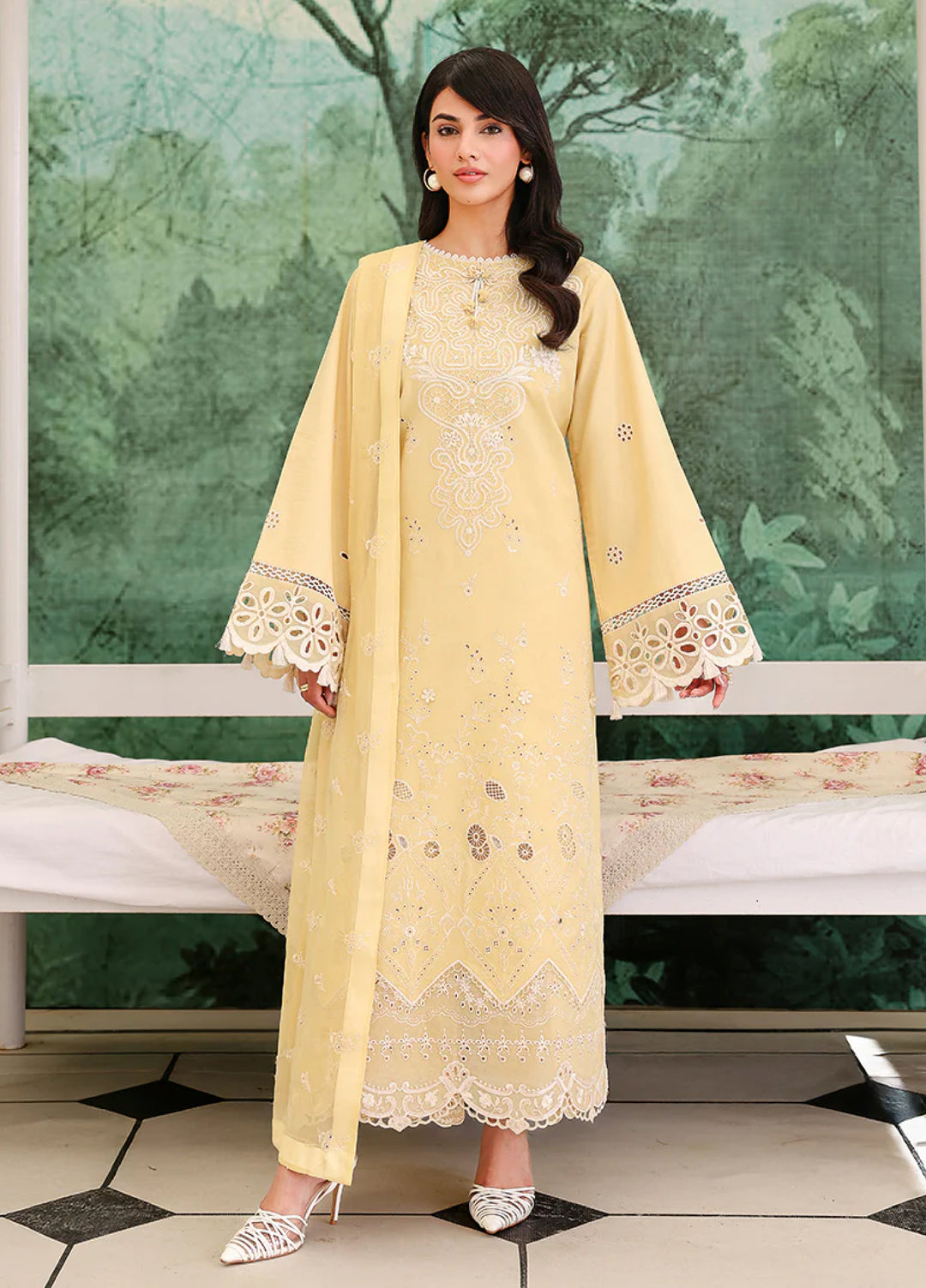 Veil of Summer by Roheenaz Unstitched Embroidered Luxury Lawn 3 Piece Suit RN26UVS 402 LUMIERE YELLOW - Eid Collection