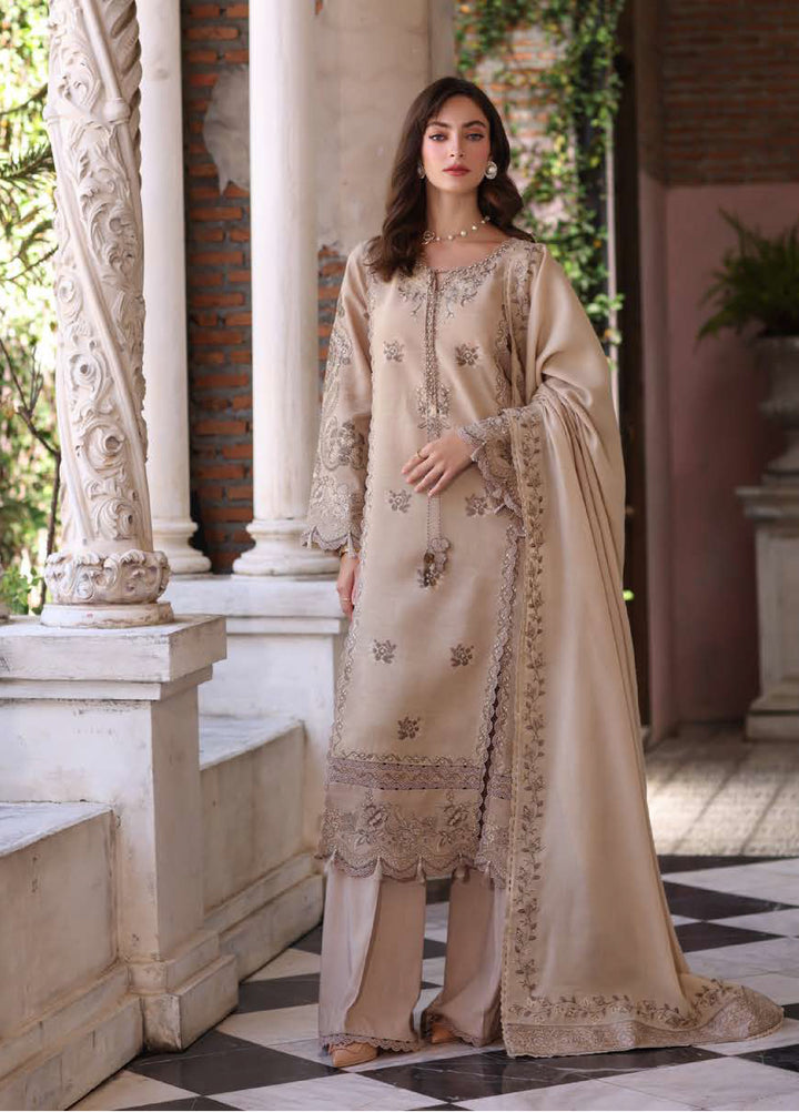 Noor by Saadia Asad Unstitched Linen Pashmina Shawl Embroidered Suits 3 Piece NSA25PW D12-Caramel Mist - Winter Collection