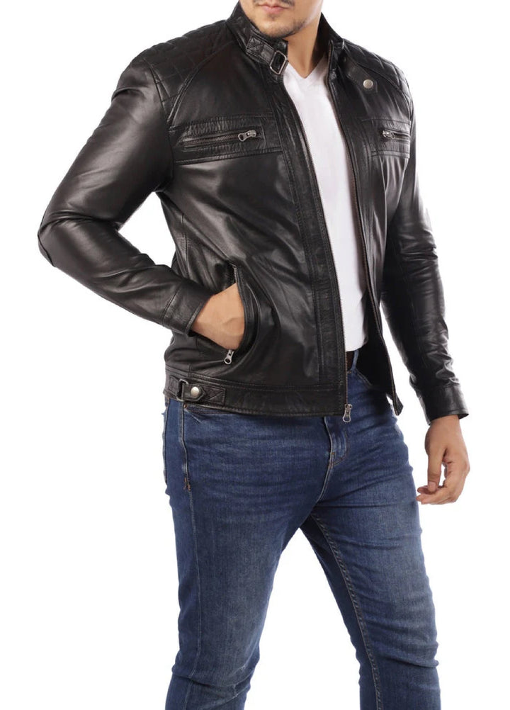 Men's Casual Signature Diamond Lambskin Leather Jacket-Black
